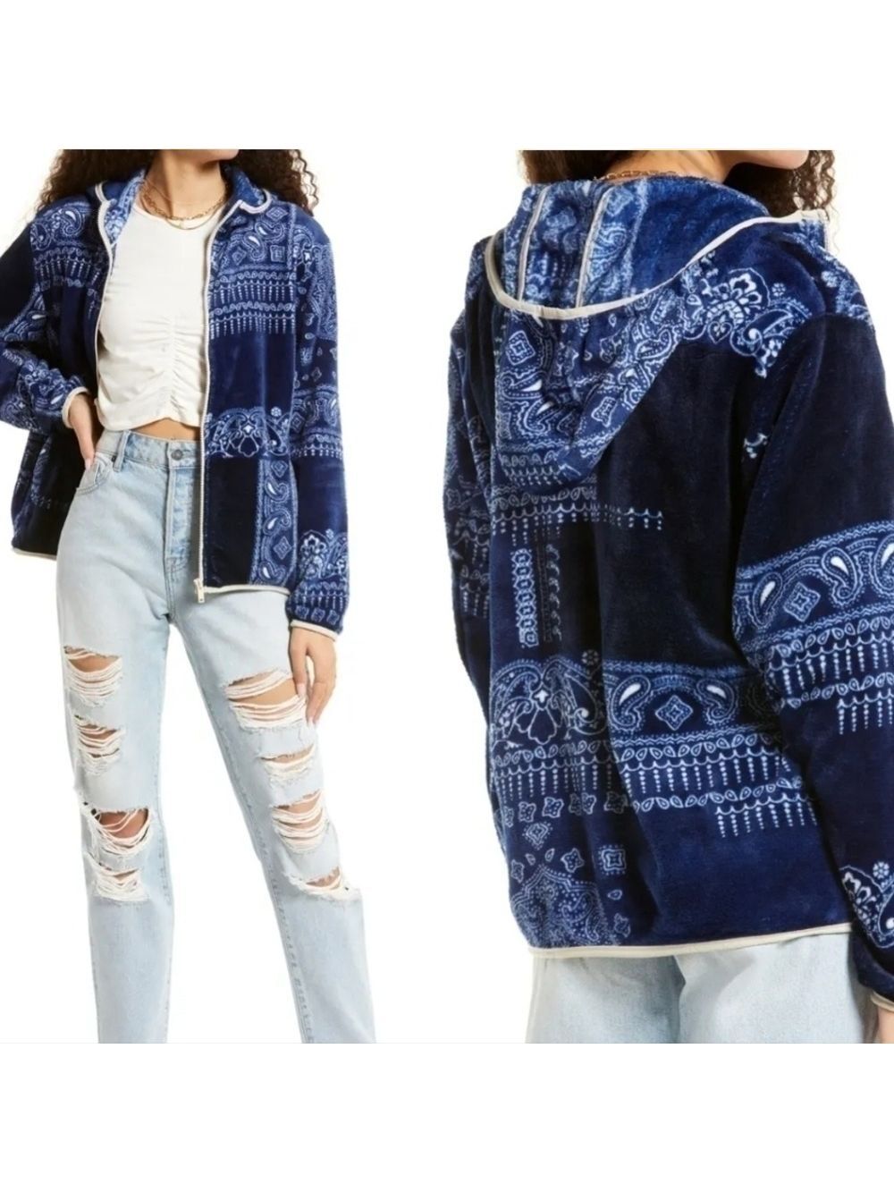 Nordstrom BP Faux Shearling Plush Fleece Blue Bandana Paisley Print Jacket Med